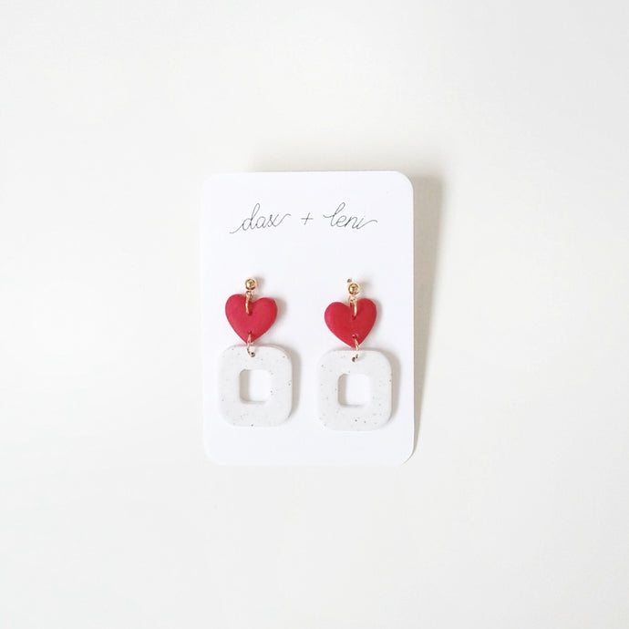 Red Heart/White Square Earrings by Dax + Leni