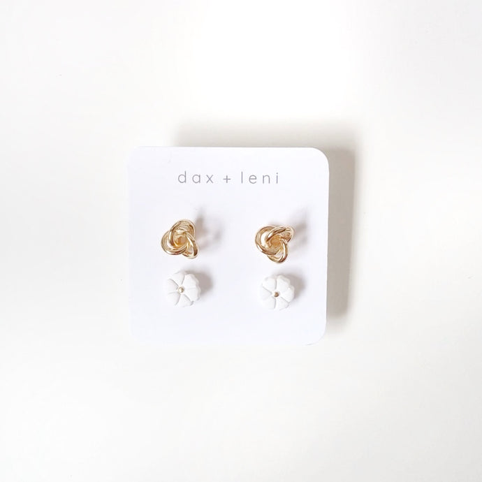 Gold Knot + White Flower Stud Earrings by Dax + Leni