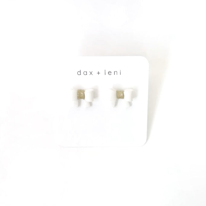 White + Gold Bow Stud Earrings by Dax + Leni