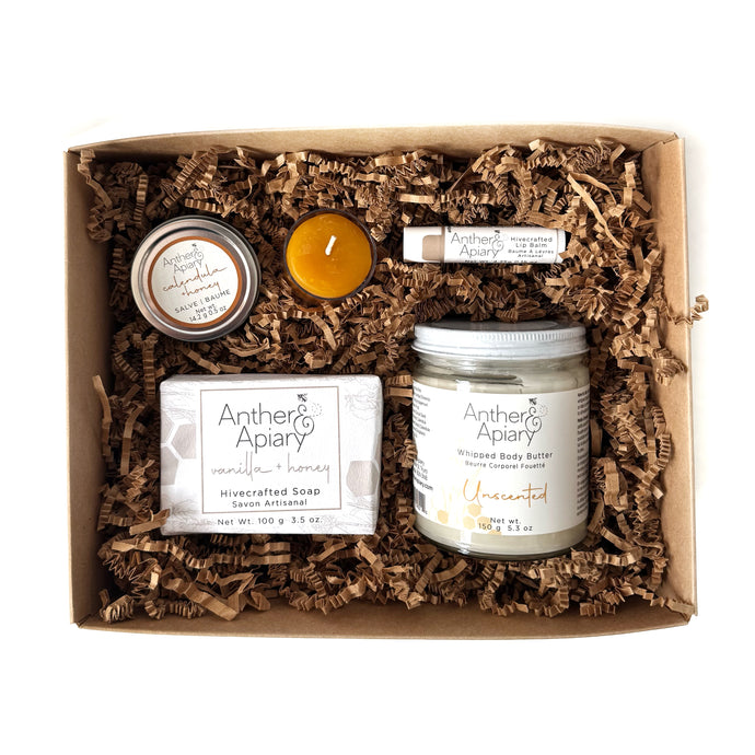 5-Piece Gift Box (includes 3.5 oz soap, salve+ whipped body butter, lip balm + candle)