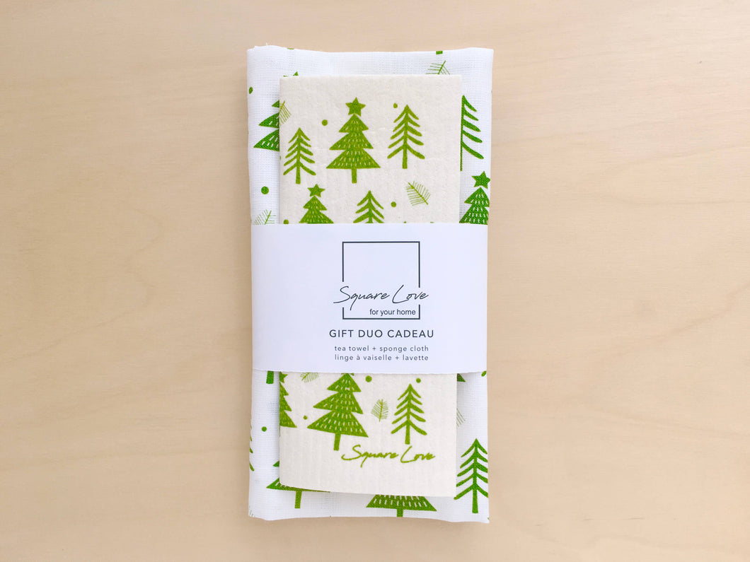 Holiday Forest Gift Duo | 1 Tea Towel + 1 Sponge Cloth by Square One