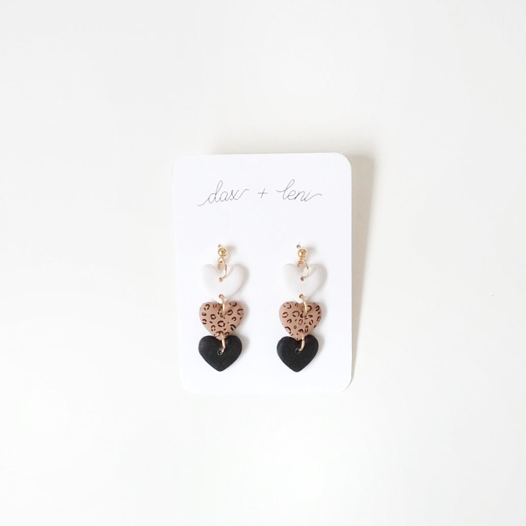 White + Leopard + Black Heart Dangle Earrings by Dax + Leni