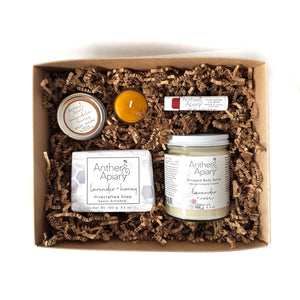 5-Piece Gift Box (includes 3.5 oz soap, salve+ whipped body butter, lip balm + candle)