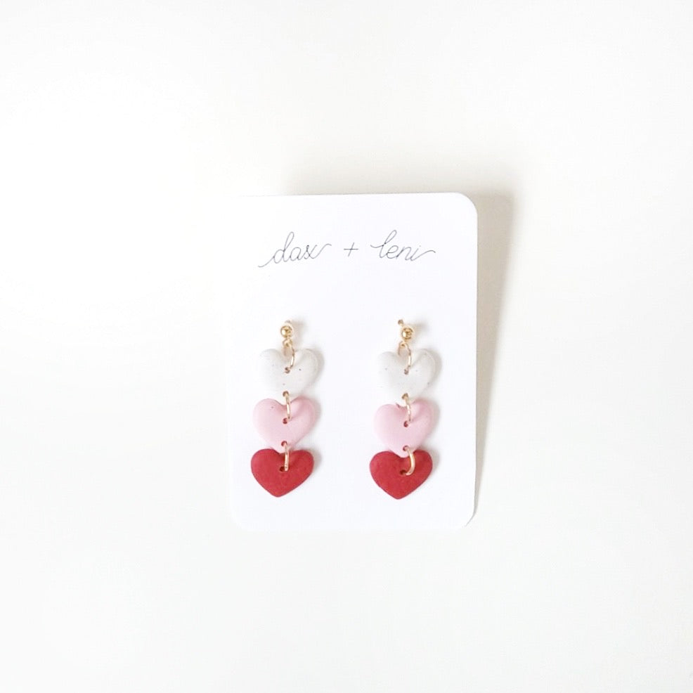 White + Red + Pink Heart Dangle Earrings by Dax + Leni