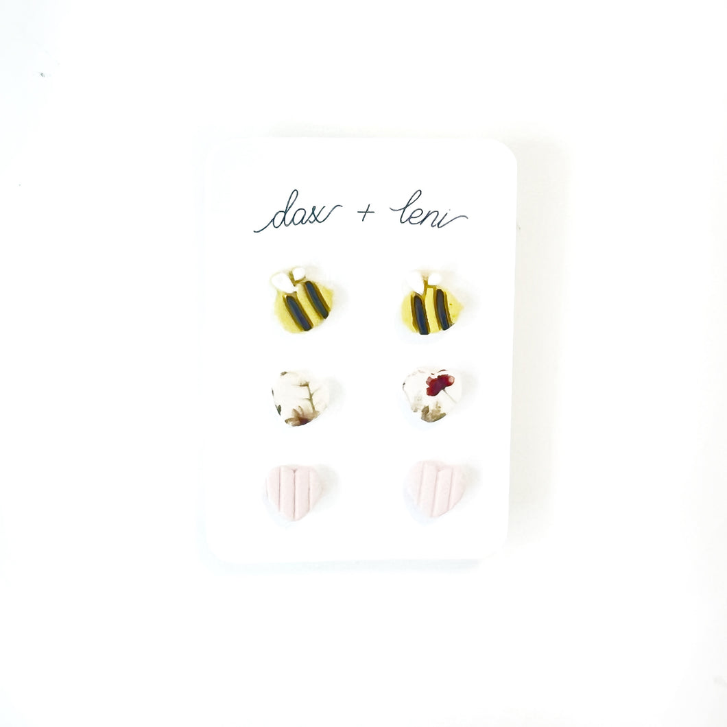 Hearts + Bee Themed Stud Earrings (package of 6) by Dax + Leni