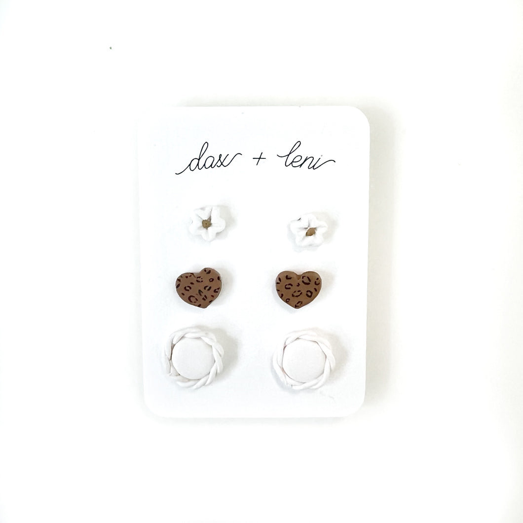 Leopard, Flower + Circle Themed Stud Earrings (package of 6) by Dax + Leni