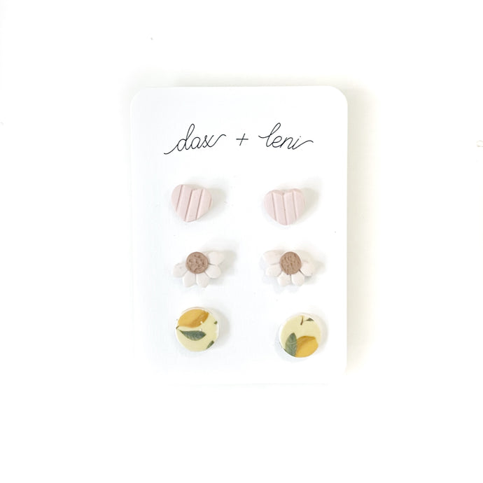 Lemon, Flower, + Heart Themed Stud Earrings (package of 6) by Dax + Leni