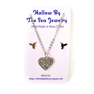 Mom Heart Pendant Necklace + Hummingbird Earring Set by Hollow by the Sea Jewerly