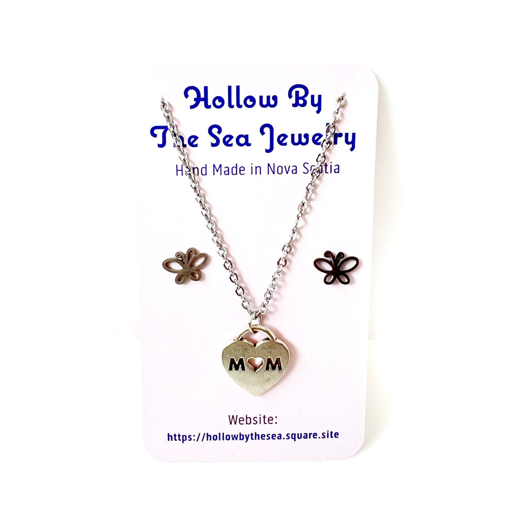Mom Heart Locket Necklace + Earring Set by Hollow by the Sea Jewerly