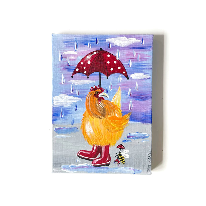 Umbrella Hen + Bee by Happy Hens Art